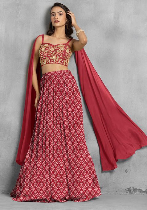 Red Lehenga Set With Floral Sequin Hand Embroidered Blouse