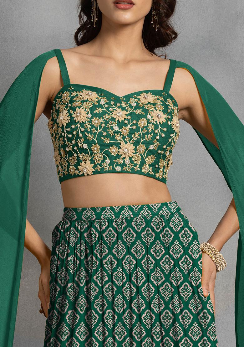 Dark Green Lehenga Set With Floral Sequin Hand Embroidered Blouse