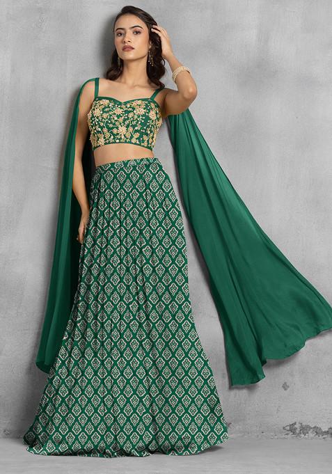 Dark Green Lehenga Set With Floral Sequin Hand Embroidered Blouse