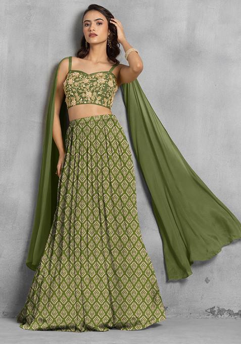 Green Lehenga Set With Floral Sequin Hand Embroidered Blouse