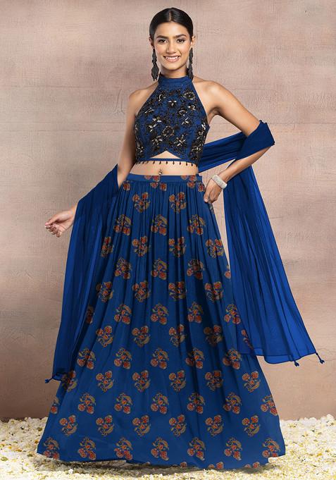 Dark Blue Lehenga Set With Floral Hand Embroidered Halter Blouse And Dupatta