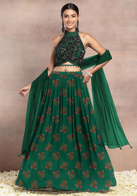 Deep Green Lehenga Set With Floral Hand Embroidered Halter Blouse And Dupatta