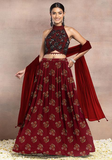 Brown Lehenga Set With Floral Hand Embroidered Halter Blouse And Dupatta