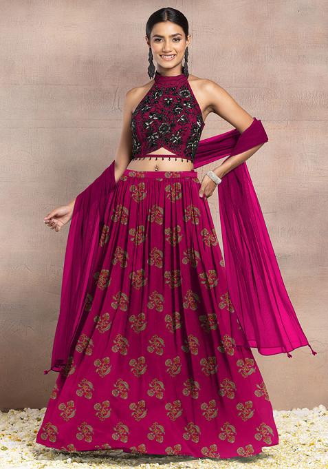 Pink Lehenga Set With Floral Hand Embroidered Halter Blouse And Dupatta