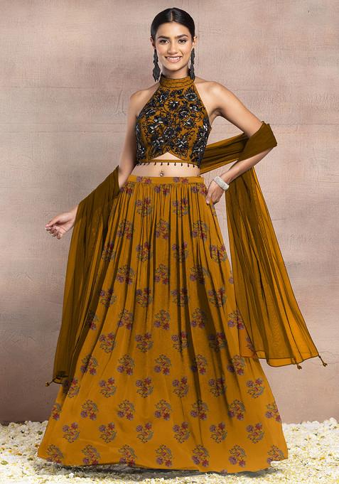 Yellow Lehenga Set With Floral Hand Embroidered Halter Blouse And Dupatta