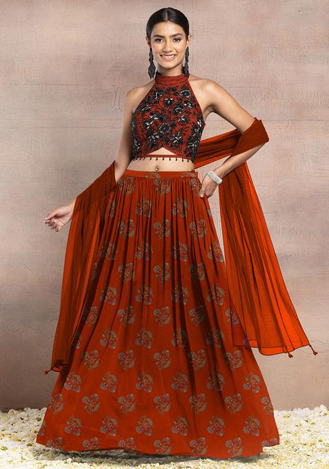 Orange Lehenga Set With Floral Hand Embroidered Halter Blouse And Dupatta