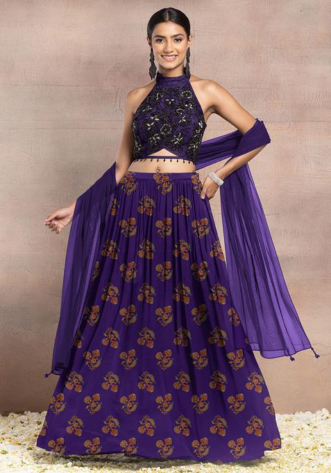 Blue Lehenga Set With Floral Hand Embroidered Halter Blouse And Dupatta