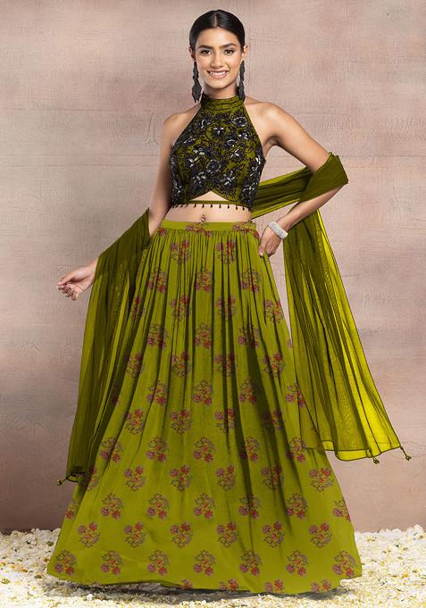 Light Green Lehenga Set With Floral Hand Embroidered Halter Blouse And Dupatta