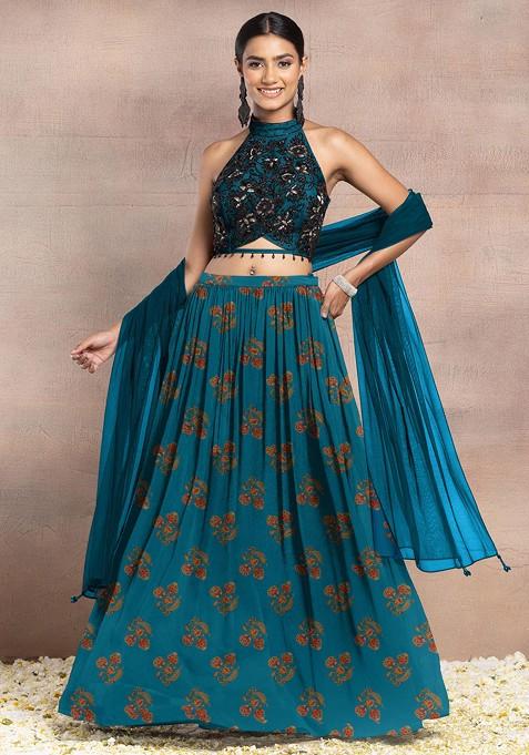 Sea Blue Lehenga Set With Floral Hand Embroidered Halter Blouse And Dupatta