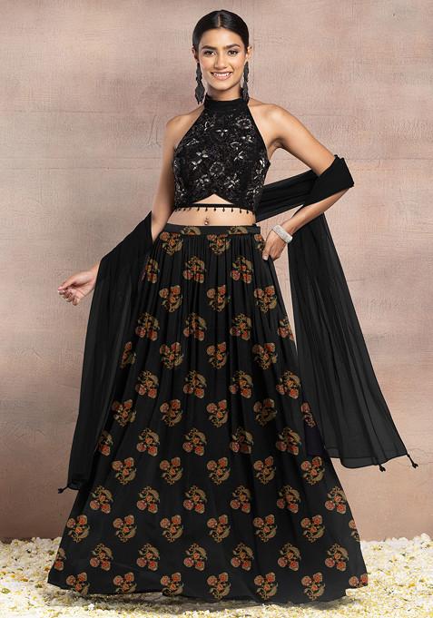 Black Lehenga Set With Floral Hand Embroidered Halter Blouse And Dupatta