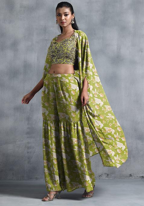 Light Green Jacket Set With Sequin Hand Embroidered Blouse And Sharara