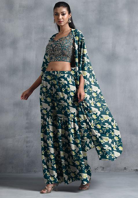 Green Jacket Set With Sequin Hand Embroidered Blouse And Sharara