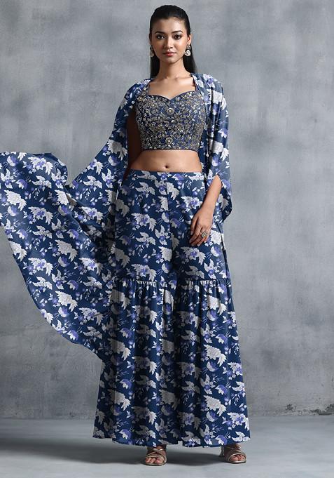 Blue Jacket Set With Sequin Hand Embroidered Blouse And Sharara