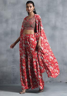 Pink Jacket Set With Sequin Hand Embroidered Blouse And Sharara