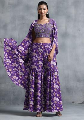 Purple Jacket Set With Sequin Hand Embroidered Blouse And Sharara