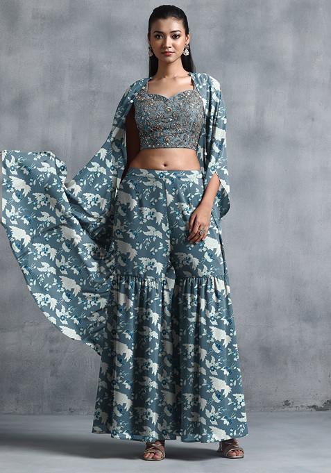 Light Blue Jacket Set With Sequin Hand Embroidered Blouse And Sharara