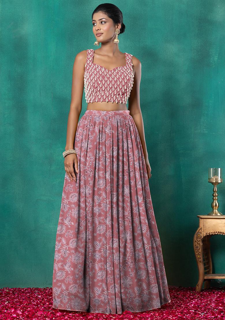 Peach Lehenga Set With Geometric Hand Embroidered Blouse And Choker Dupatta