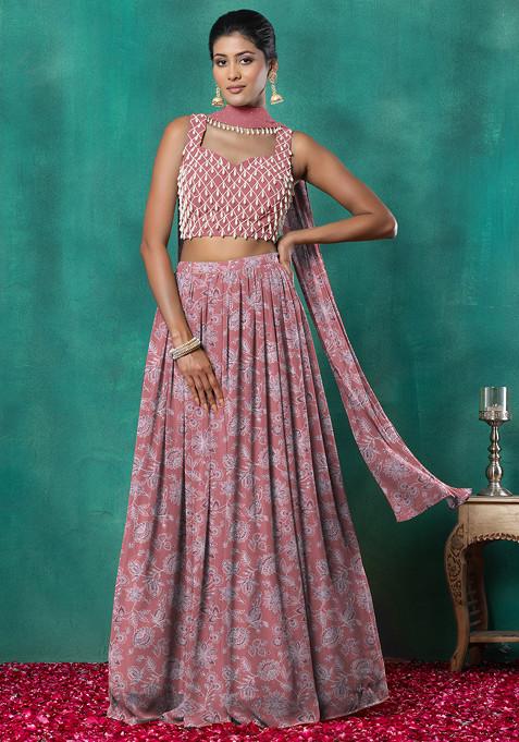 Peach Lehenga Set With Geometric Hand Embroidered Blouse And Choker Dupatta