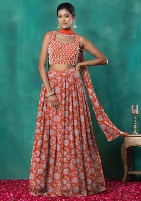 Red Lehenga Set With Geometric Hand Embroidered Blouse And Choker Dupatta