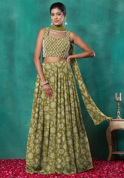 Light Green Lehenga Set With Geometric Hand Embroidered Blouse And Choker Dupatta