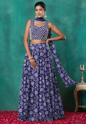 Blue Lehenga Set With Geometric Hand Embroidered Blouse And Choker Dupatta