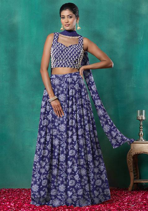 Blue Lehenga Set With Geometric Hand Embroidered Blouse And Choker Dupatta