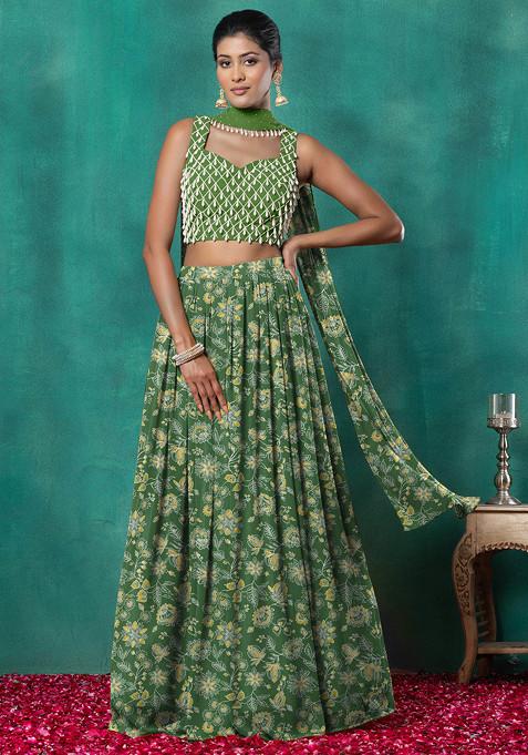 Green Lehenga Set With Geometric Hand Embroidered Blouse And Choker Dupatta