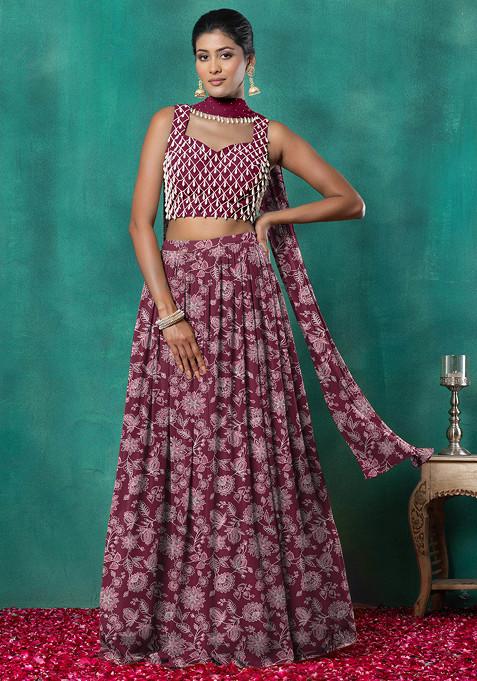 Maroon Lehenga Set With Geometric Hand Embroidered Blouse And Choker Dupatta