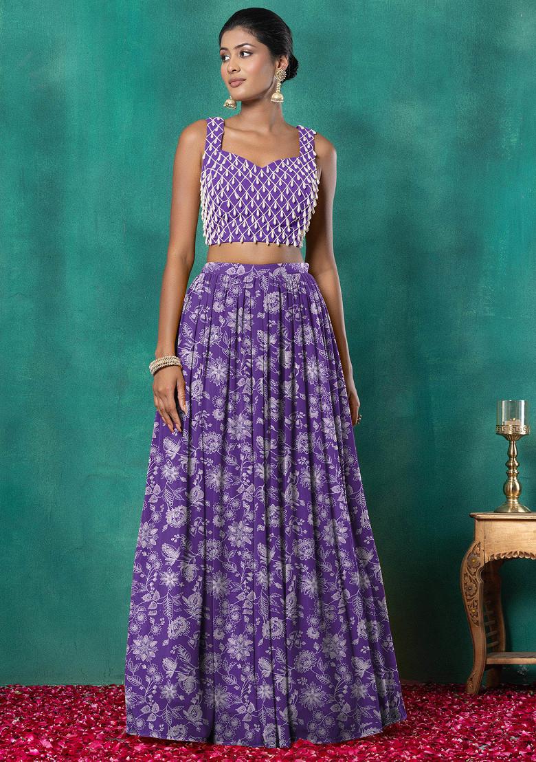 Purple Lehenga Set With Geometric Hand Embroidered Blouse And Choker Dupatta