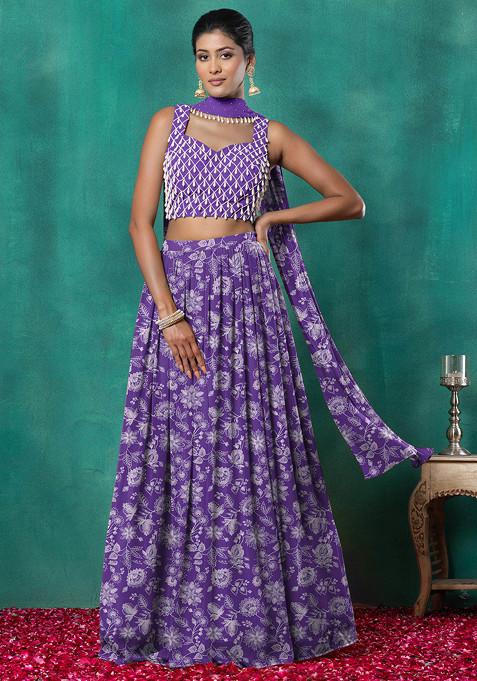 Purple Lehenga Set With Geometric Hand Embroidered Blouse And Choker Dupatta