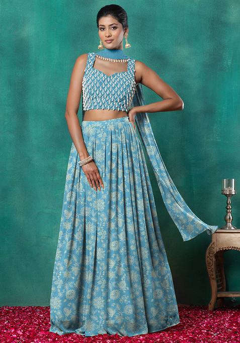 Sky Blue Lehenga Set With Geometric Hand Embroidered Blouse And Choker Dupatta