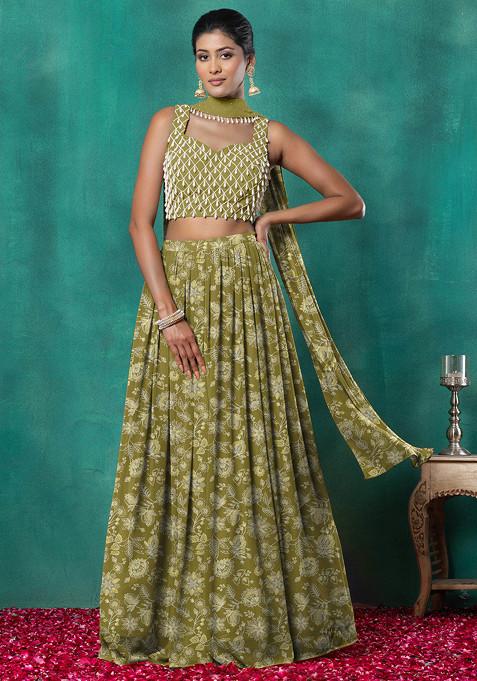 Olive Lehenga Set With Geometric Hand Embroidered Blouse And Choker Dupatta