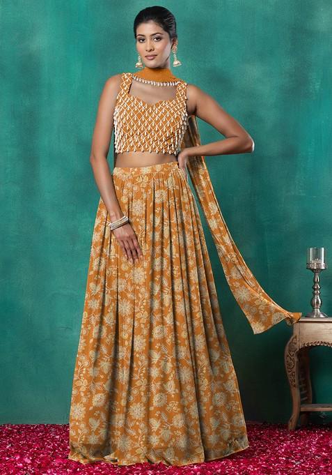 Orange Lehenga Set With Geometric Hand Embroidered Blouse And Choker Dupatta