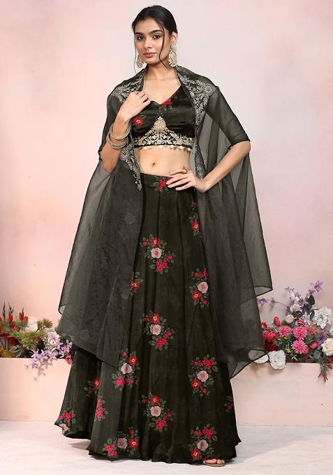 Black Lehenga Set With Zari Hand Embroidered Blouse And Jacket