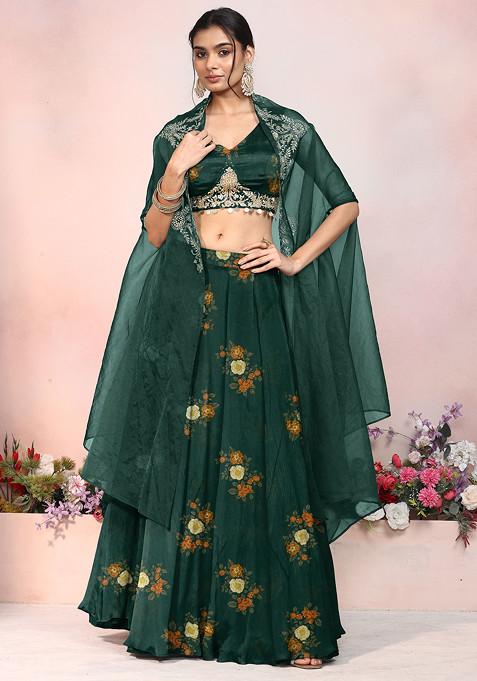 Green Lehenga Set With Zari Hand Embroidered Blouse And Jacket