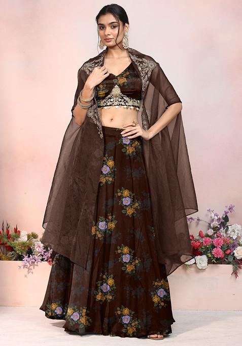 Brown Lehenga Set With Zari Hand Embroidered Blouse And Jacket