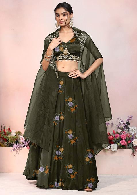 Deep Green Lehenga Set With Zari Hand Embroidered Blouse And Jacket