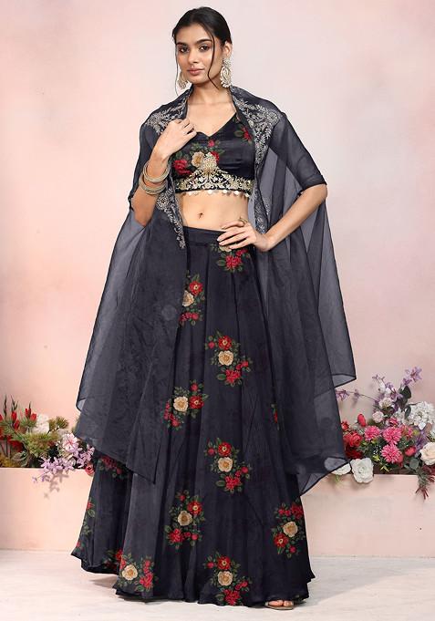 Blue Lehenga Set With Zari Hand Embroidered Blouse And Jacket