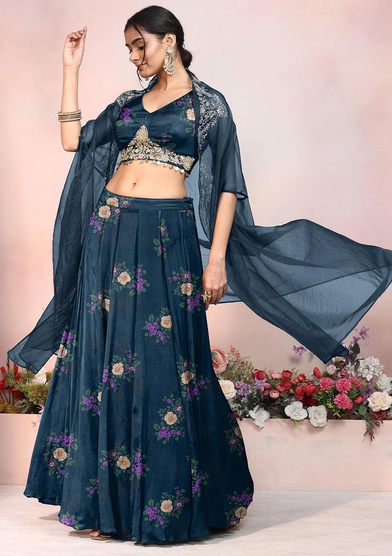 Teal Blue Lehenga Set With Zari Hand Embroidered Blouse And Jacket
