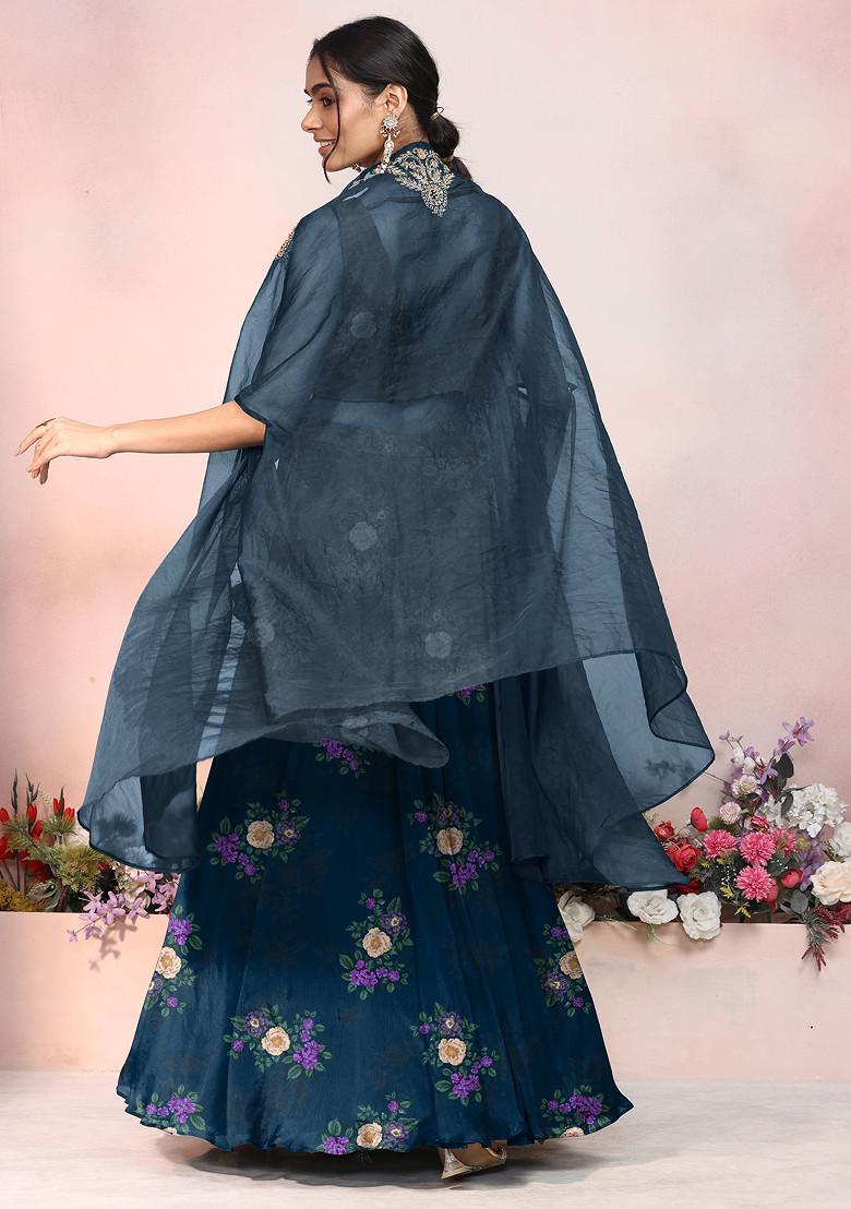 Teal Blue Lehenga Set With Zari Hand Embroidered Blouse And Jacket