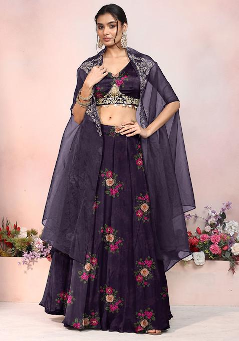 Purple Lehenga Set With Zari Hand Embroidered Blouse And Jacket