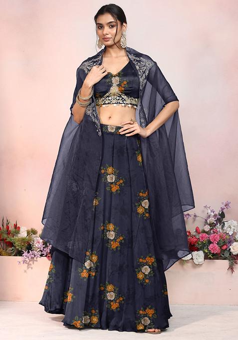 Black Lehenga Set With Zari Hand Embroidered Blouse And Jacket