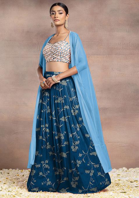 Blue Lehenga Set With Sequin Hand Embroidered Blouse And Mesh Jacket