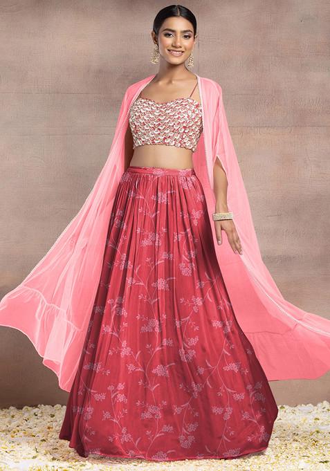 Pink Lehenga Set With Sequin Hand Embroidered Blouse And Mesh Jacket