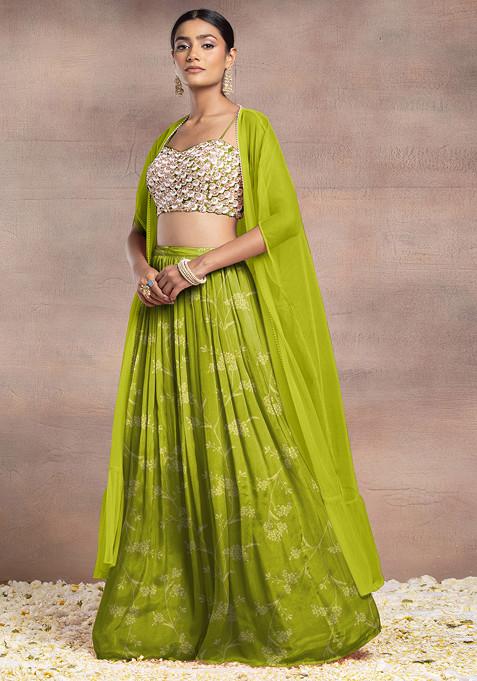 Light Green Lehenga Set With Hand Embroidered Blouse And Mesh Jacket