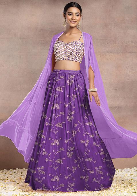 Purple Lehenga Set With Hand Embroidered Blouse And Mesh Jacket