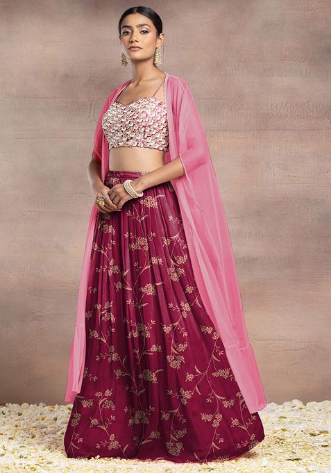 Maroon Lehenga Set With Hand Embroidered Blouse And Mesh Jacket