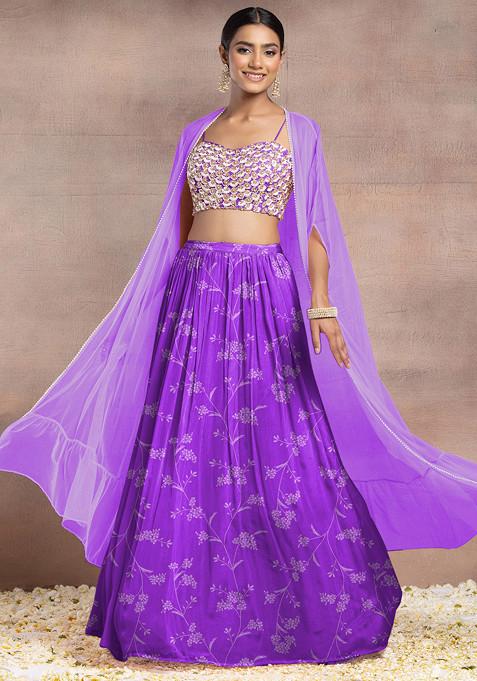 Lavender Lehenga Set With Sequin Hand Embroidered Blouse And Mesh Jacket