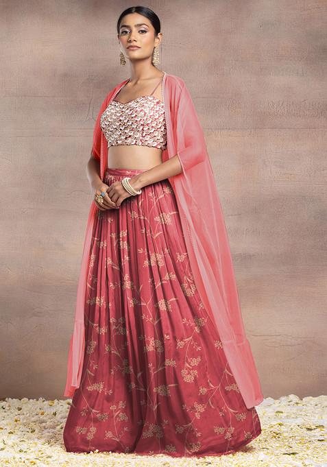 Light Pink Lehenga Set With Sequin Hand Embroidered Blouse And Mesh Jacket