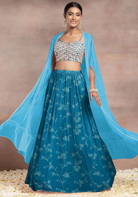 Blue Lehenga Set With Hand Embroidered Blouse And Mesh Jacket